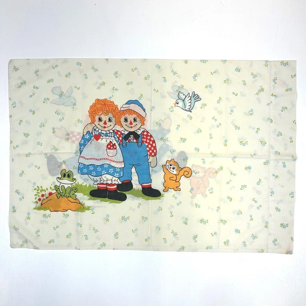 Vintage Raggedy Ann and Andy Pillowcase Blue Floral Bobbs-Merrill Kids Bedding